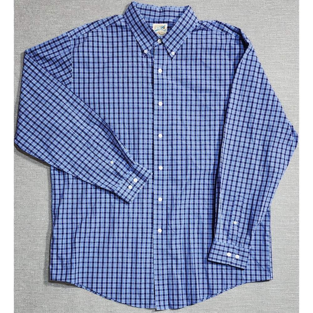Travelsmith Mens XL Blue Gingham Check Long Sleeve Button Down Shirt Cotton